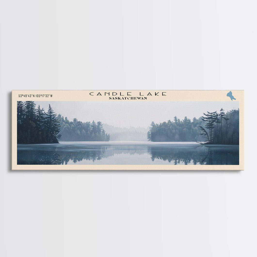 Candle Lake Framed Canvas Print, Panoramic Lake House Decor, Wall Art, Travel Poster, Rustic Lake Painting, Home Decor