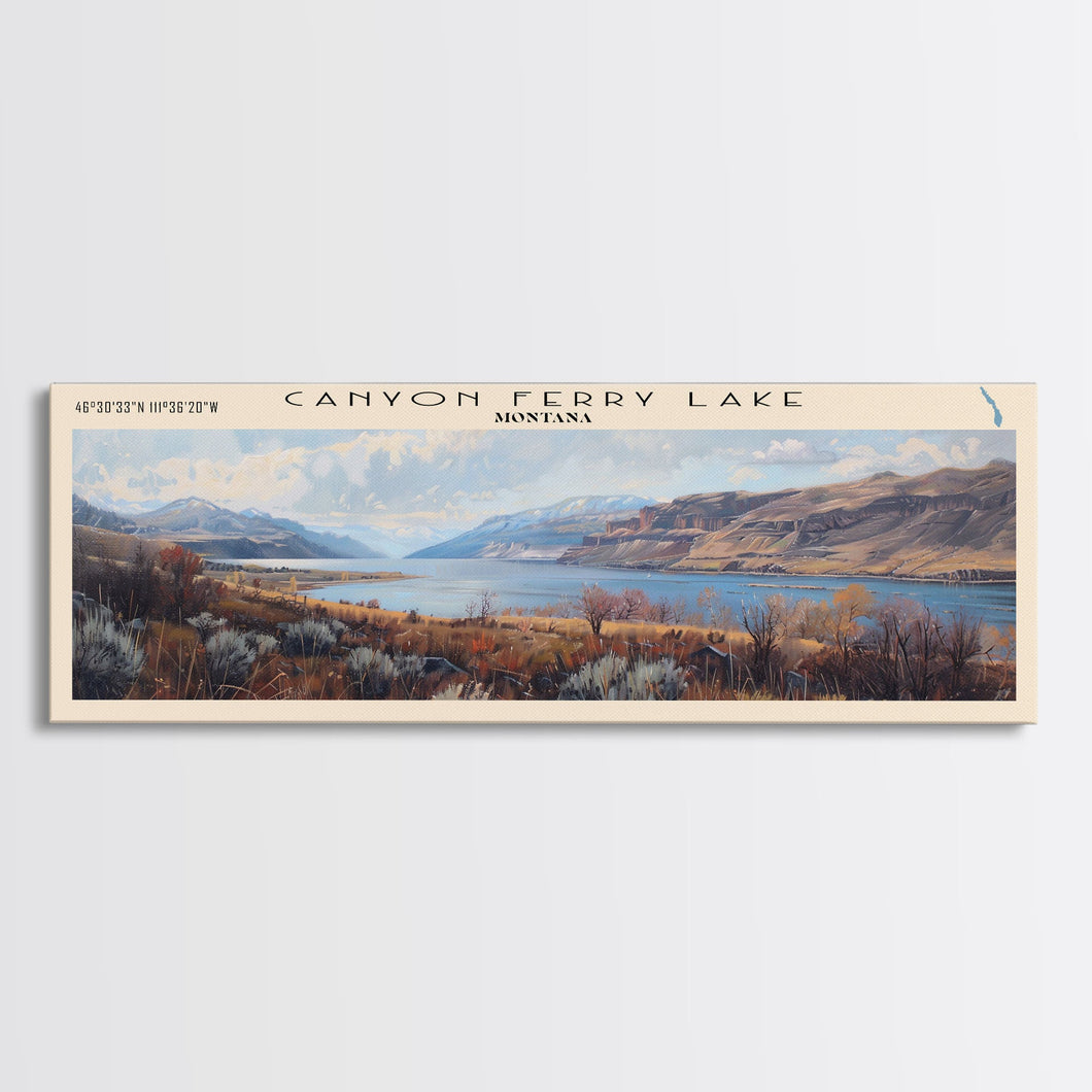 Canyon Ferry Lake Framed Canvas Print, Panoramic Lake House Decor, Wall Art, Travel Poster, Modern Lake Painting, Home Decor