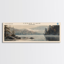 Cargar imagen en el visor de la galería, Cedar Lake Framed Canvas Print, Panoramic Lake House Decor, Wide Wall Art, Travel Poster, Rustic Lake Painting, Nature Art
