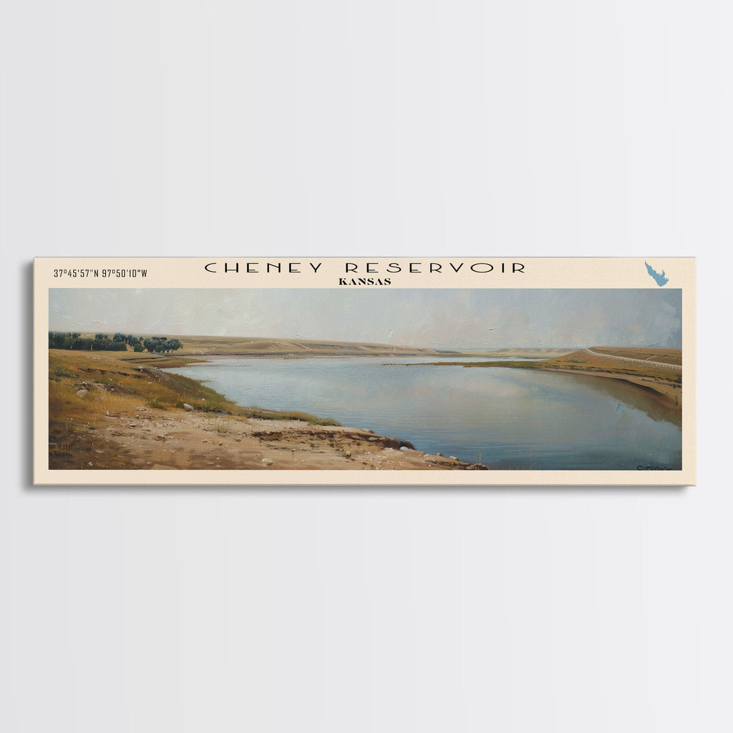 Cheney Reservoir Kansas Framed Canvas Print, Panoramic Lake House Decor, Wide Wall Art, Travel Poster, Rustic Lake Painting, Home Decor
