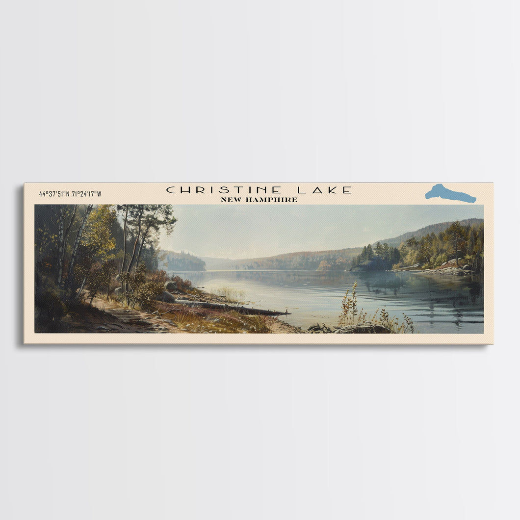 Christine Lake New Hampshire Framed Canvas Print, Lake House Art, Panoramic Wide Art, Travel Poster, Rustic Lake Painting, Home Decor