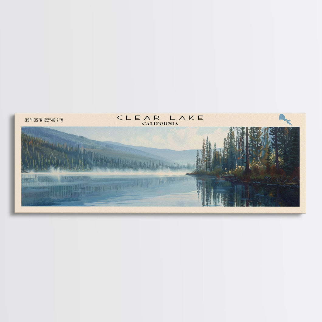 Clear Lake Framed Canvas Print, Lake House Art, Panoramic Wide Art, Travel Poster, Rustic Lake Painting, Home Decor