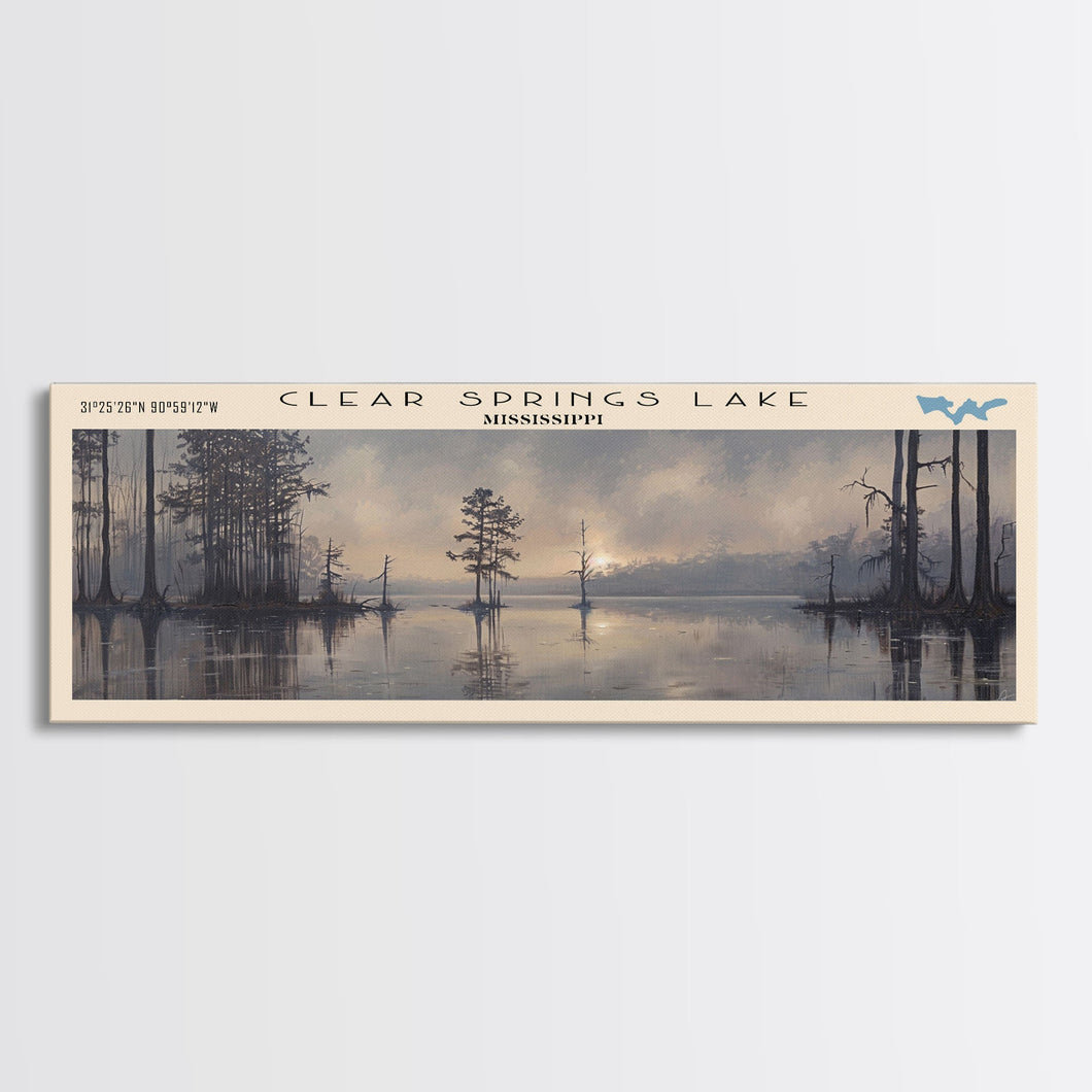 Clear Springs Lake Mississippi Framed Canvas Print, Panoramic Lake House Decor, Wide Wall Art, Travel Poster, Modern Lake Painting, Nature Art