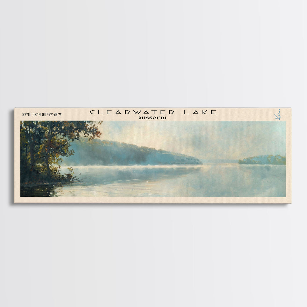 Clearwater Lake Missouri Framed Canvas Print, Lake House Decor, Panoramic Wide Art, Travel Poster, Rustic Lake Painting, Nature Art