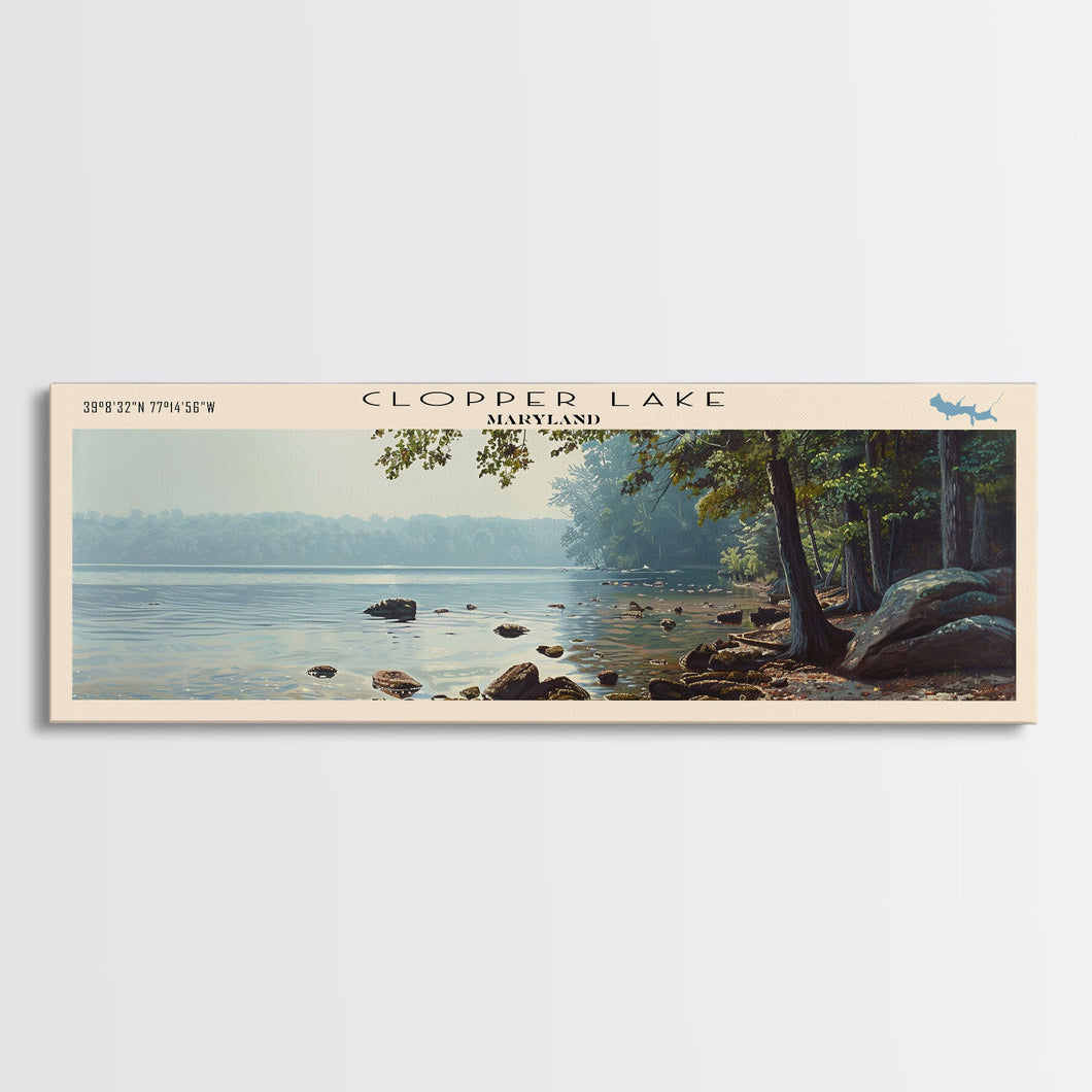 Clopper Lake Maryland Framed Canvas Print, Lake House Art, Panoramic Wide Art, Travel Poster, Minimalist Lake Painting, Home Decor