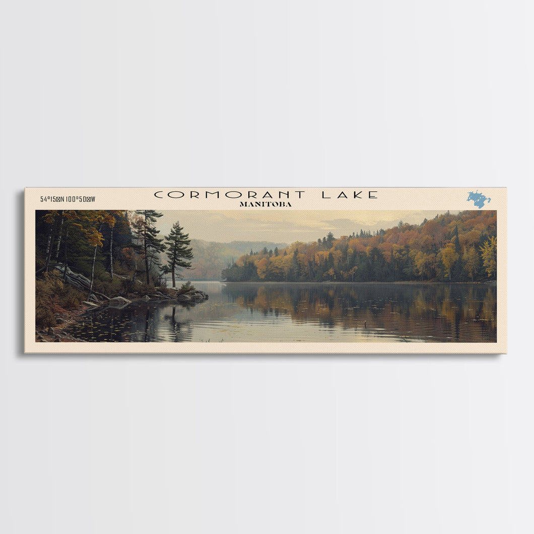 Cormorant Lake Framed Canvas Print, Lake House Decor, Panoramic Wide Art, Travel Poster, Rustic Lake Painting, Home Decor
