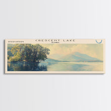 Load image into Gallery viewer, Crescent Lake Framed Canvas Print, Lake House Art, Panoramic Travel Poster, Wall Art, Modern Lake Painting, Home Decor
