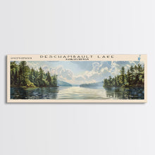 Load image into Gallery viewer, Deschambault Lake Framed Canvas Print, Lake House Decor, Panoramic Wall Art, Travel Poster, Modern Lake Painting, Nature Art
