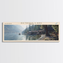 Load image into Gallery viewer, Detroit Lake Oregon Framed Canvas Print, Lake House Decor, Panoramic Wall Art, Travel Poster, Rustic Lake Painting, Nature Art
