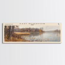Load image into Gallery viewer, East Reservoir Ohio Framed Canvas Print, Lake House Art, Panoramic Wall Art, Travel Poster, Modern Lake Painting, Nature Art
