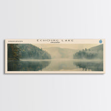 Load image into Gallery viewer, Echoing Lake Framed Canvas Print, Lake House Decor, Panoramic Wall Art, Travel Poster, Rustic Lake Painting, Home Decor
