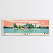 Load image into Gallery viewer, Banning Lake Indiana Framed Canvas Print, Panoramic Travel Poster, Midcentury Modern Wall Art, Pop Art, Bedroom Decor
