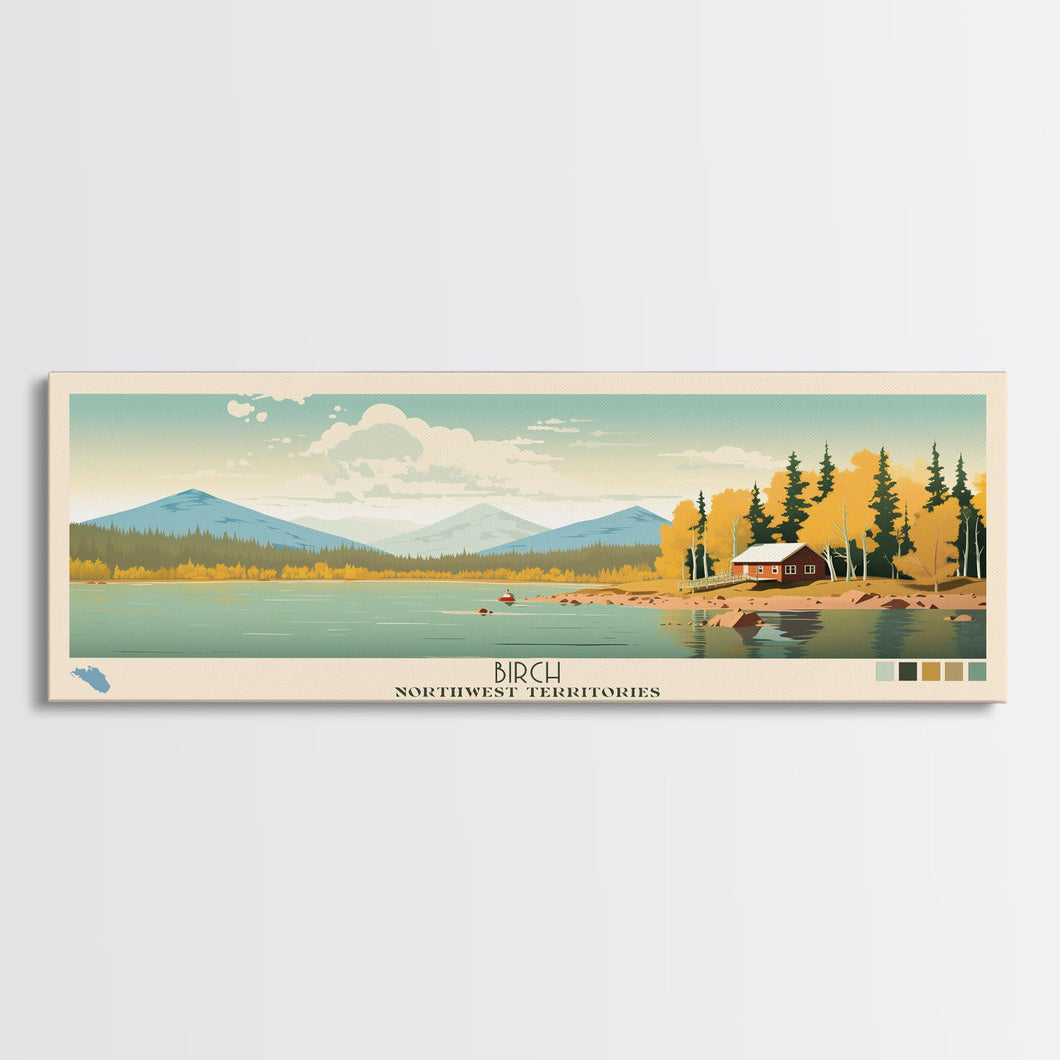 Birch Northwest Territories Framed Canvas Print, Panoramic Wall Art, Midcentury Modern, Pop Art, Travel Poster, Scenic Living Room Decor, Lake House Art