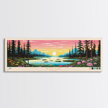 Carregar imagem no visualizador da galeria, Black Lake Southwest Alaska Framed Canvas Print, Panoramic Travel Poster, Midcentury Modern Wall Art, Pop Art, Nature Bedroom Decor, Scenic Lake House Art
