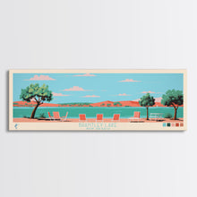 Load image into Gallery viewer, Brantley Lake New Mexico Framed Canvas Print, Midcentury Modern Panoramic Wall Art, Living Room Decor, Pop Art, Travel Poster Art, Scenic Nature Painting
