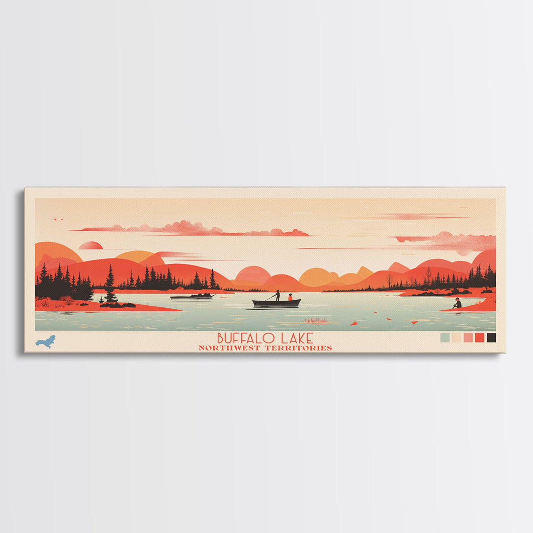 Buffalo Lake Northwest Territories Framed Canvas Print, Pop Art Panoramic Travel Poster, Midcentury Modern, Wall Art, Scenic Nature Painting, Bedroom Decor