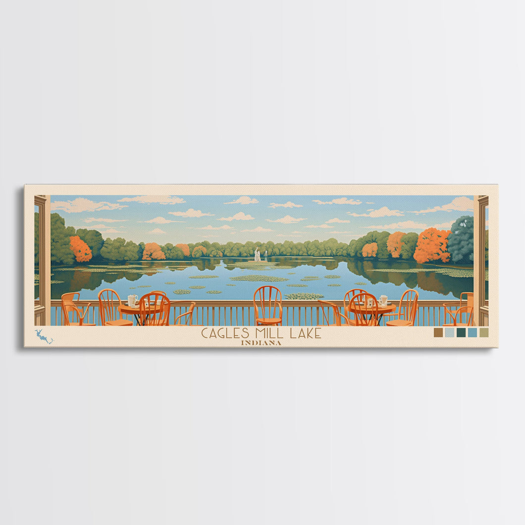 Cagles Mill Lake Indiana Framed Canvas Print, Midcentury Modern Panoramic Wall Art, Living Room Decor, Pop Art, Travel Poster Art, Scenic Nature Painting
