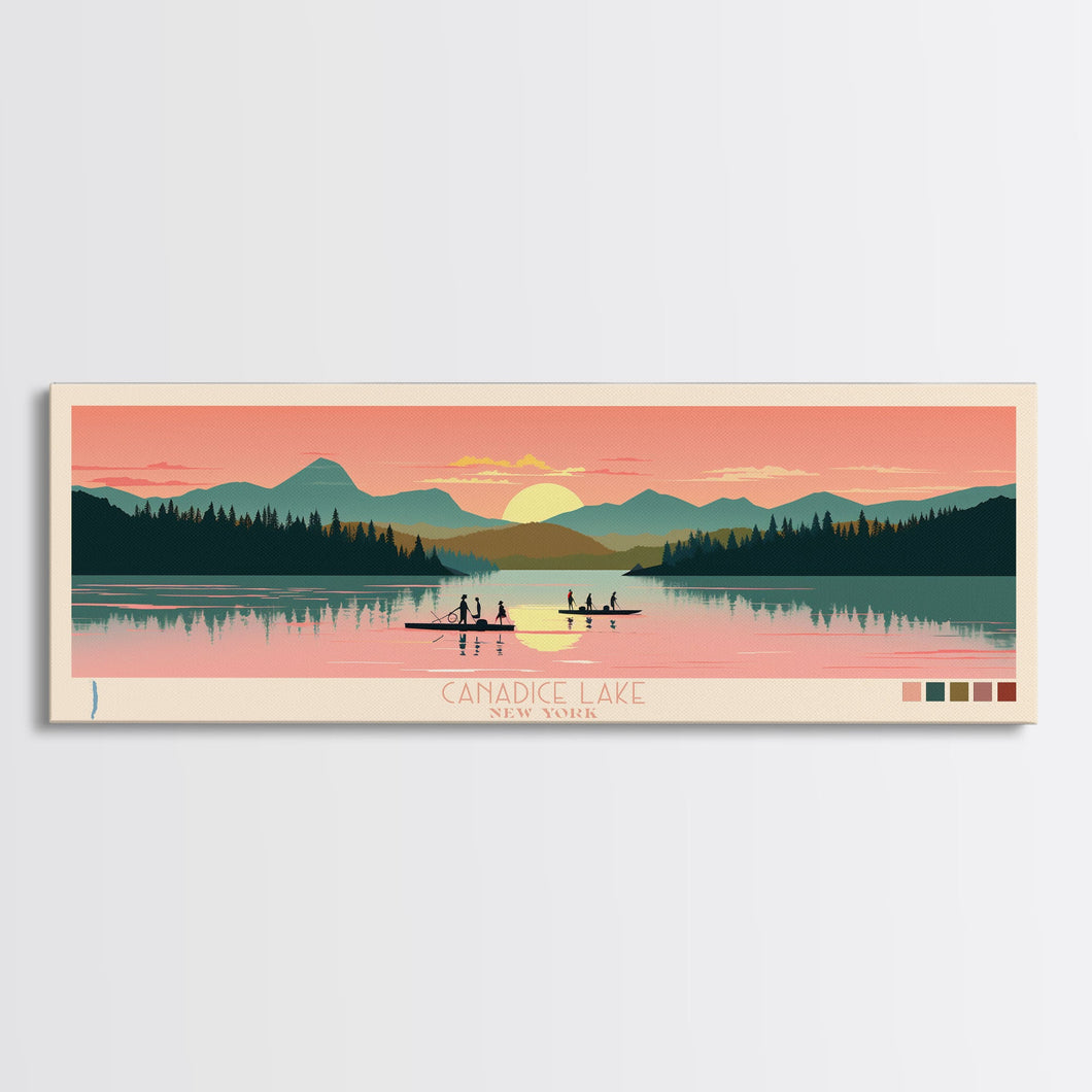 Canadice Lake New York Framed Canvas Print, Pop Art Panoramic Travel Poster, Midcentury Modern, Wall Art, Scenic Nature Painting, Bedroom Decor