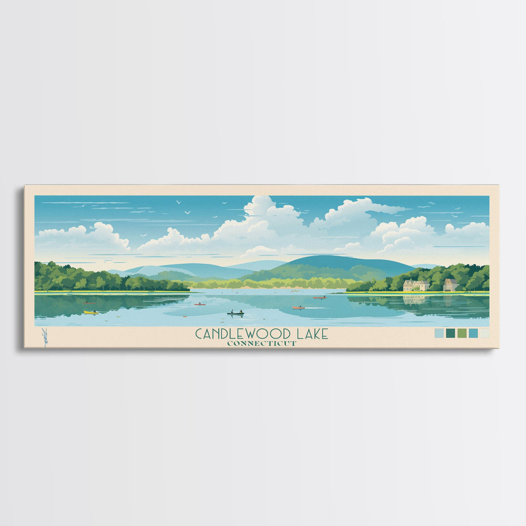 Candlewood Lake Connecticut Framed Canvas Print, Pop Art Panoramic Travel Poster, Midcentury Modern, Wall Art, Scenic Nature Painting, Bedroom Decor