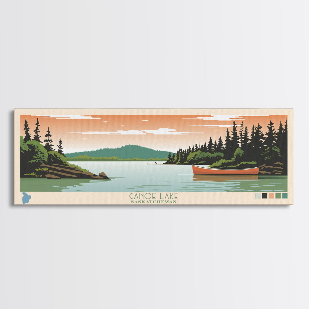 Canoe Lake Saskatchewan Framed Canvas Print, Midcentury Modern Panoramic Wall Art, Living Room Decor, Pop Art, Travel Poster Art, Scenic Nature Painting