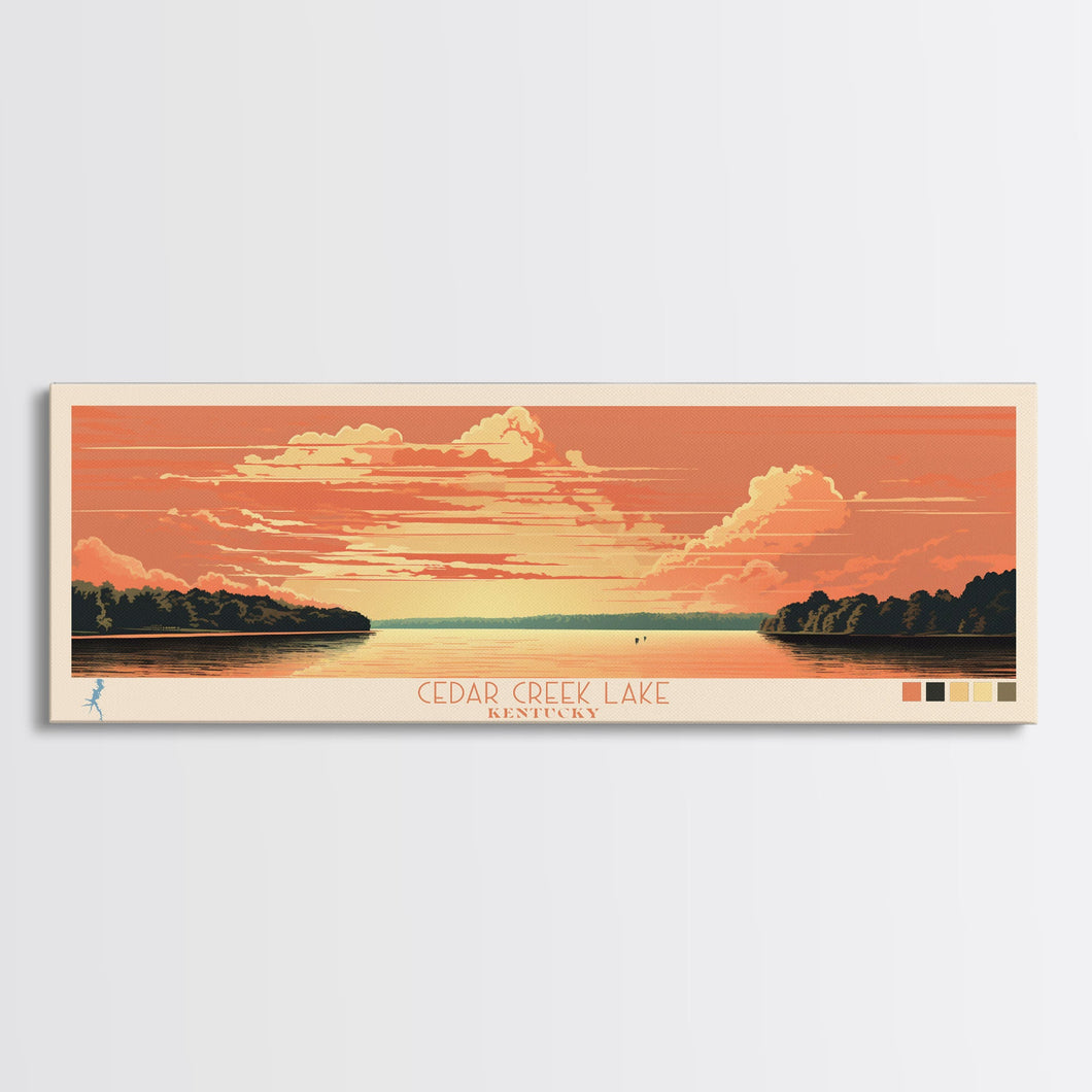 Cedar Creek Lake Kentucky Framed Canvas Print, Midcentury Modern Panoramic Wall Art, Living Room Decor, Pop Art, Travel Poster Art, Scenic Nature Painting, Lake House Decor