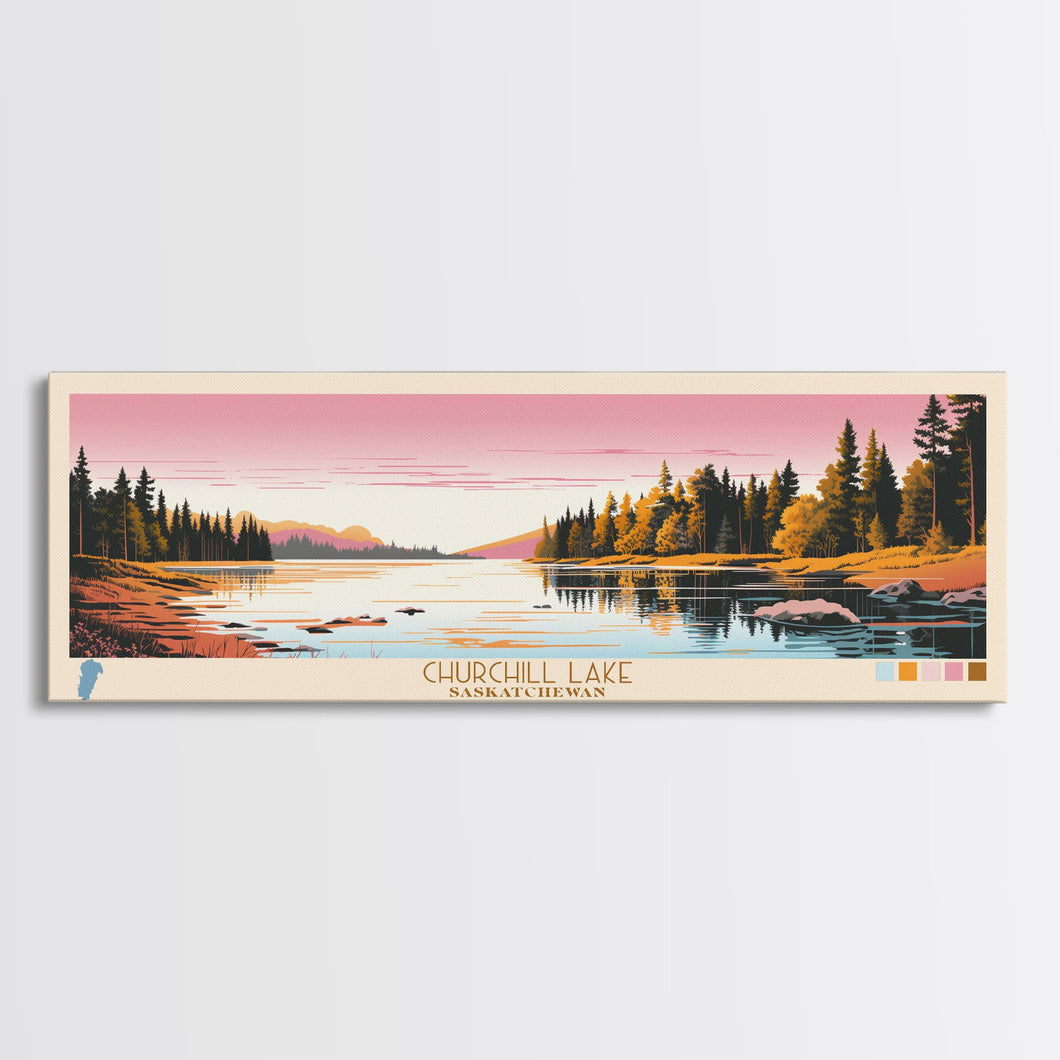 Churchill Lake Saskatchewan Framed Canvas Print, Midcentury Modern Panoramic Wall Art, Living Room Decor, Pop Art, Travel Poster Art, Scenic Nature Painting, Lake House Decor