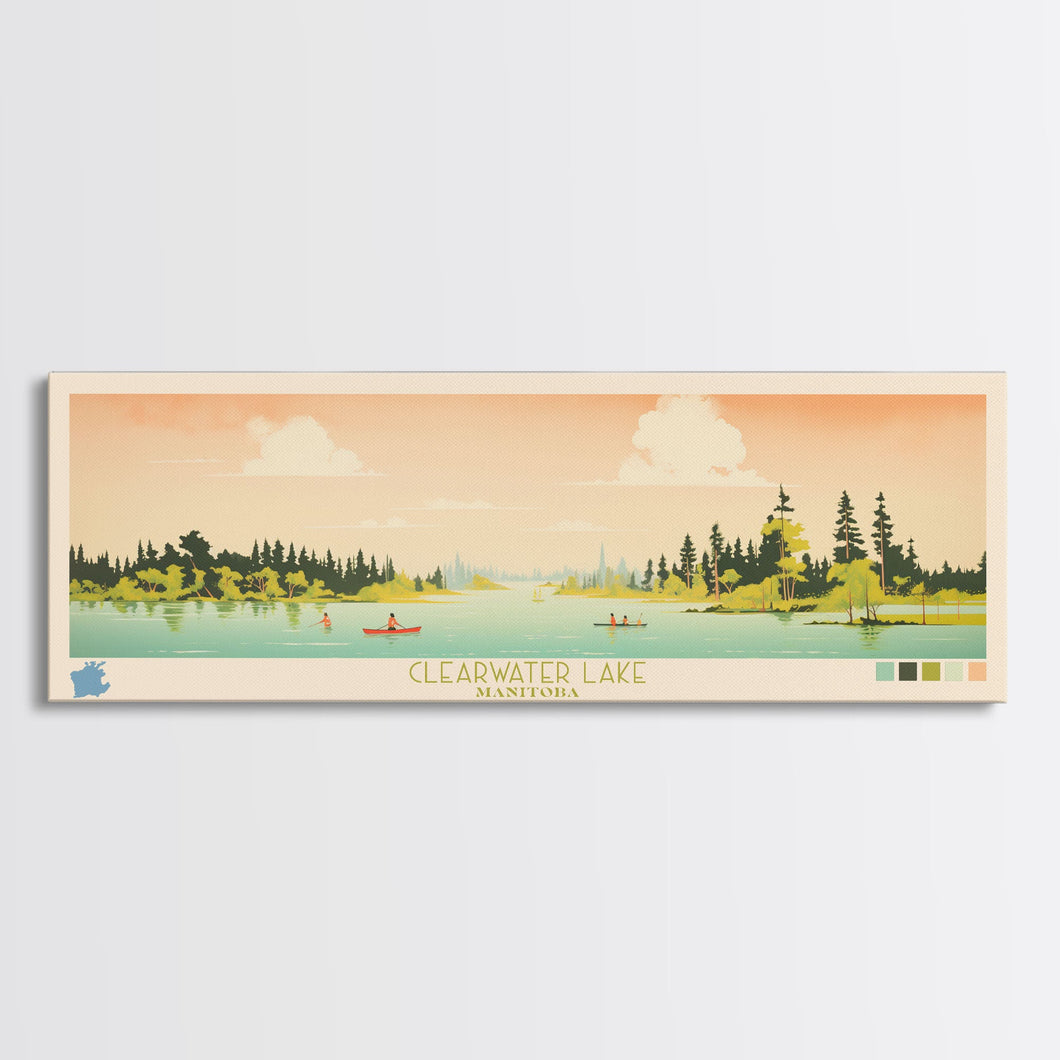 Clearwater Lake Manitoba Framed Canvas Print, Midcentury Modern Panoramic Wall Art, Living Room Decor, Pop Art, Travel Poster Art, Scenic Nature Painting, Lake House Decor