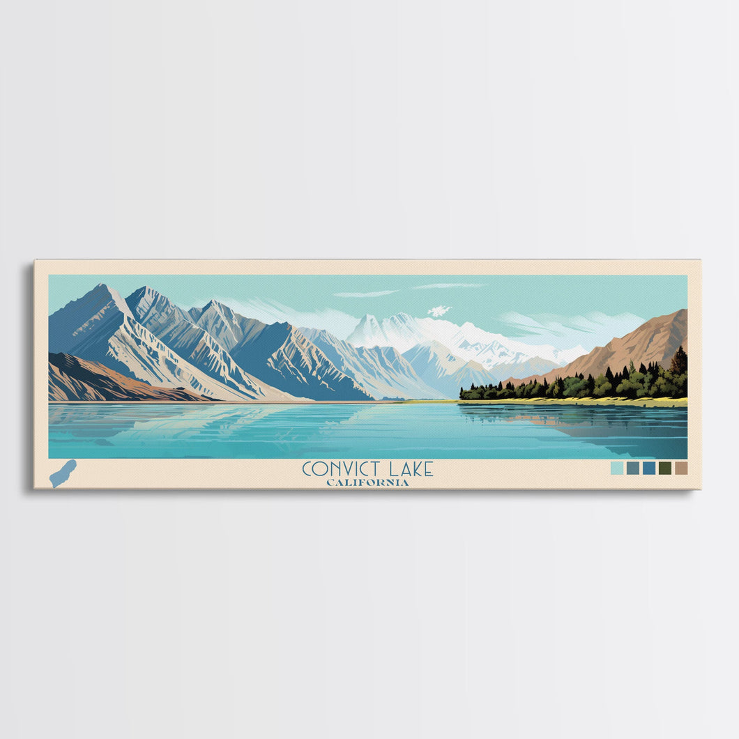 Convict Lake California Framed Canvas Print, Midcentury Modern Panoramic Wall Art, Living Room Decor, Pop Art, Travel Poster Art, Nature Art, Lake House Decor