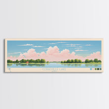Load image into Gallery viewer, Coralville Lake Iowa Framed Canvas Print, Midcentury Modern Panoramic Wall Art, Living Room Decor, Pop Art, Travel Poster Art, Scenic Nature Painting, Lake House Decor
