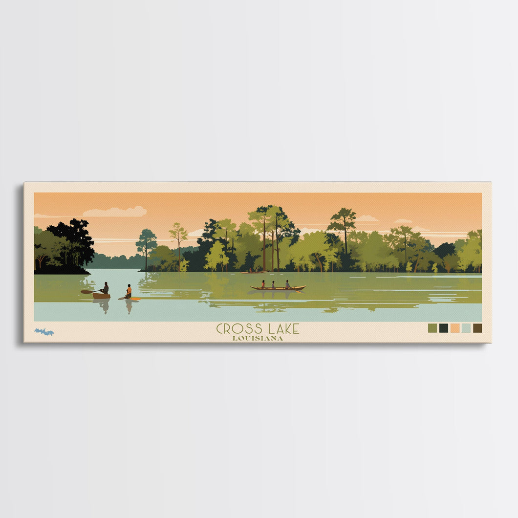 Cross Lake Louisiana Framed Canvas Print, Midcentury Modern Panoramic Wall Art, Living Room Decor, Pop Art, Travel Poster Art, Scenic Nature Painting, Lake House Decor