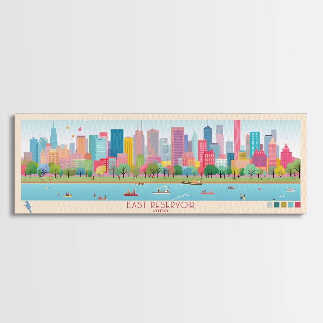 East Reservoir Ohio Framed Canvas Print, Panoramic Art, Midcentury Modern, Pop Art, Bedroom Wall Decor, Travel Poster, Lake View Art