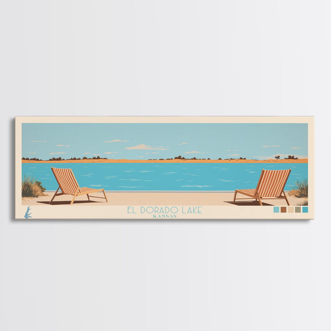 El Dorado Lake Kansas Framed Canvas Print, Panoramic Wall Art, Midcentury Modern, Pop Art, Living Room Art, Travel Poster, Vintage Lake Art