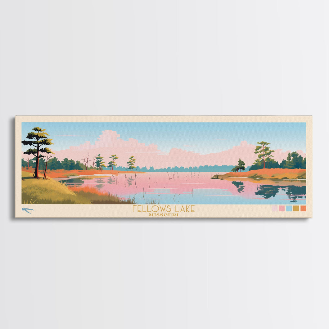 Fellows Lake Missouri Framed Canvas Print, Panoramic Wall Art, Midcentury Modern, Pop Art, Bedroom Decor, Travel Poster, Artistic Decor, Nature Painting