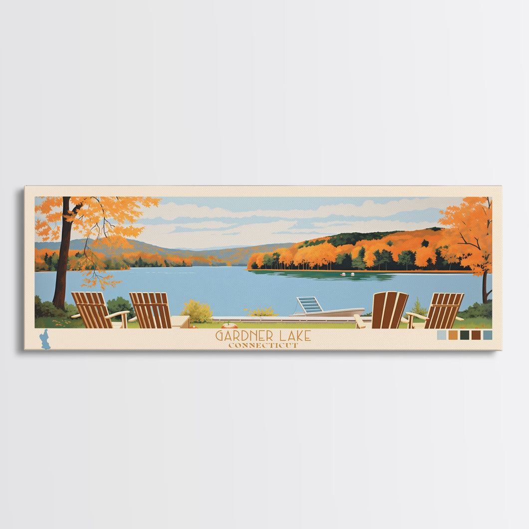 Gardner Lake Connecticut Framed Canvas Print, Panoramic Wall Art, Midcentury Modern, Pop Art, Bedroom Decor, Travel Poster, Lake View, Artistic Decor