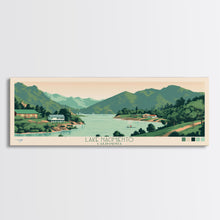 Load image into Gallery viewer, Lake Nacimiento California Framed Canvas Print, Panoramic Wall Art, Midcentury Modern, Pop Art, Living Room Decor, Travel Poster, Lake House Art
