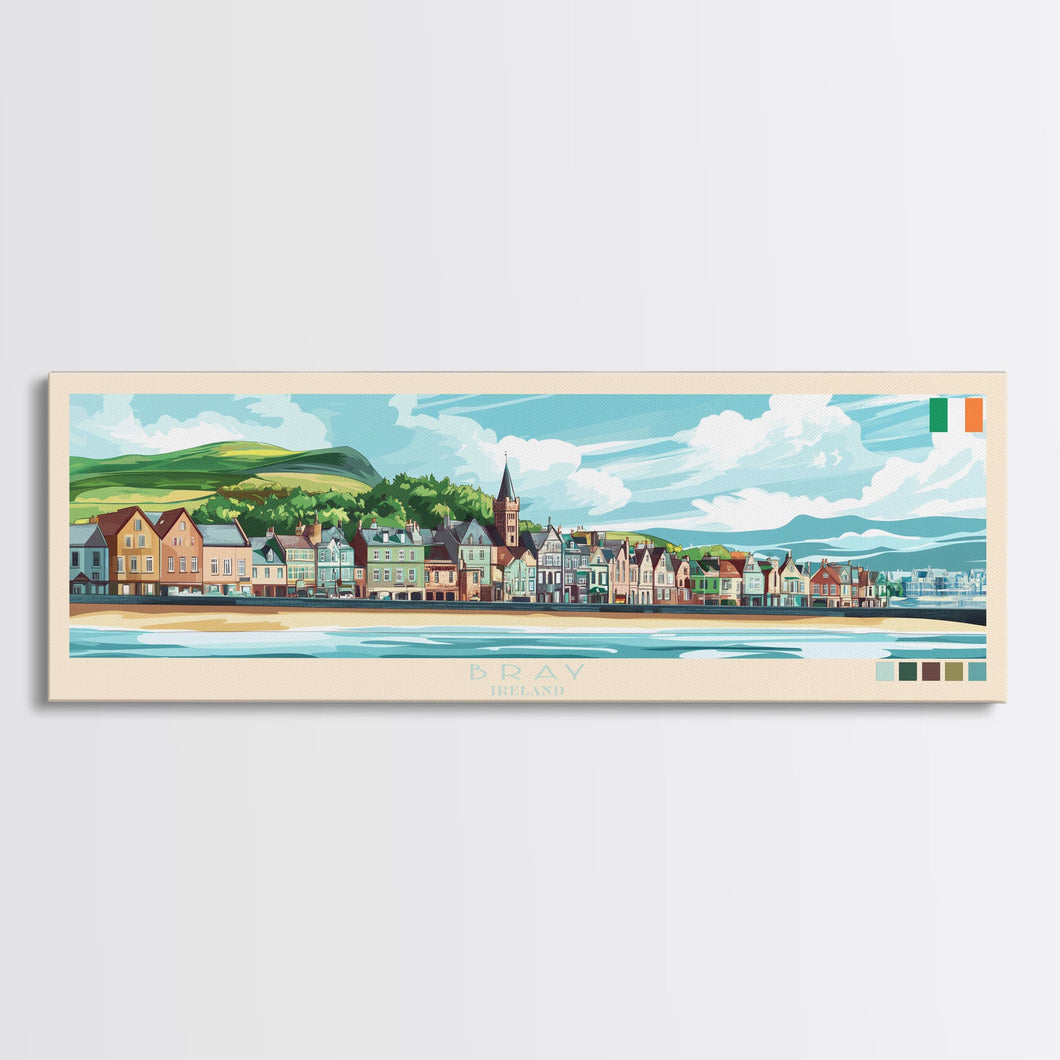 Bray, Ireland Panoramic Travel Poster Canvas Print, Bray, Ireland Painting, Ireland Art, Bray Travel Art, Guest Room Painting