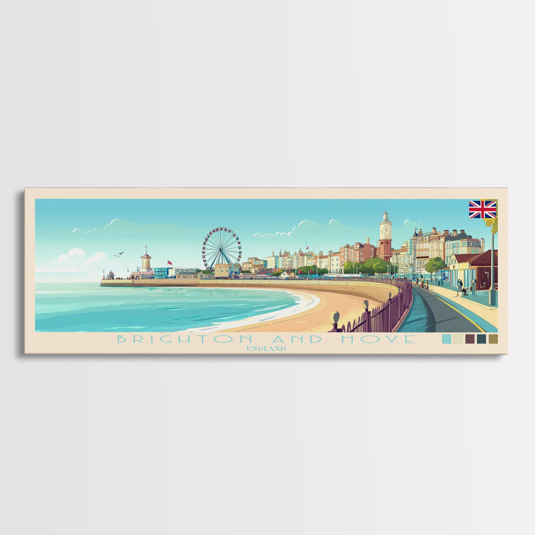 Brighton and Hove, England Travel Poster Panoramic Canvas Print, Brighton and Hove, England Painting, England Art, Brighton and Hove Travel Art, Guest Room Painting