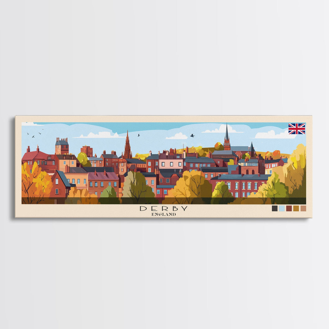 Derby, England Panoramic Travel Poster Canvas Print, Derby, England Painting, England Art, Derby Travel Art, Guest Room Painting