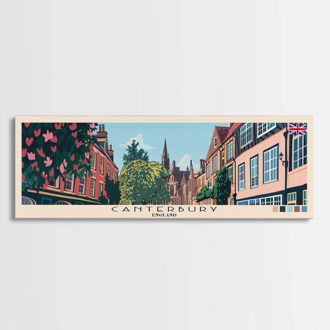 Canterbury, England Panoramic Canvas Print, Canterbury, England Painting, England Art, Canterbury Travel Poster, Travel Art, Vacation Gift