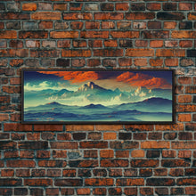 Carregar imagem no visualizador da galeria, Beautiful Fantasy Mountain Landscape With Orange Clouds, Framed Canvas Print, Ready To Hang Panoramic Wall Decorr
