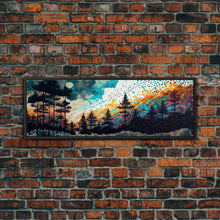 Cargar imagen en el visor de la galería, Extra large 24 x 72 wall art, framed canvas print, abstract pine tree forest painting, painting of a forest fire against a starry night sky
