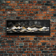 Cargar imagen en el visor de la galería, Black &amp; Gold Mountain Landscape Painting, Framed Canvas Print, Panoramic Art, Extra Wide Art, Center Piece Decor, Above Fireplace or Sofa
