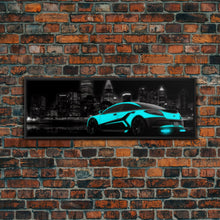 Cargar imagen en el visor de la galería, City Skyline Wall Art, Teal Sports Car,  Abstract Urban Art, Cityscape Art, Dark Night Large Urban Art, Panoramic, Wall Art, Canvas Print
