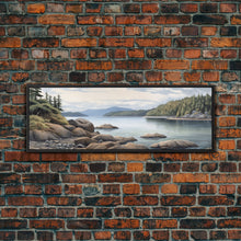 Cargar imagen en el visor de la galería, Colored Pencil Landscape Wall Art Print, Lake, Riverbank, River, Trees, Mountain, Large Canvas Art Print, Panoramic, Wall Art, Canvas Print
