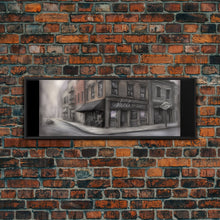 Load image into Gallery viewer, Dystopian City Canvas Print, Buildings, Man On Street, Urban Art, Large Urban Art Print, Wall Decor, Panoramic, Wall Art, Canvas Print
