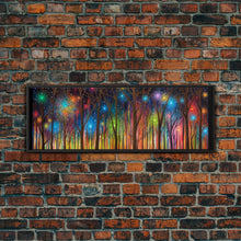 Load image into Gallery viewer, Abstract Forest Art, Woods Wall Art, Forest Art Print, Sparklers, Stars, Colorful Canvas Print, Panoramic, Wall Art, Canvas Print
