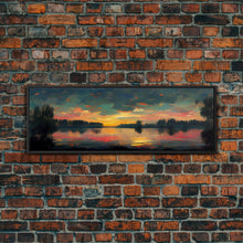 Cargar imagen en el visor de la galería, Cool Sunset Over The Lake, Ready To Hang Canvas Print, Panoramic Art, Lakehouse Wall Decor, Lake House Art, Beach House Art
