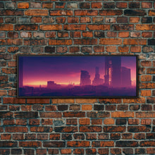 Load image into Gallery viewer, Cyberpunk Cityscape, Ready To Hang Canvas Print, Panoramic, Cyberpunk Concept Art, Cityscape at Sunset, Cool mancave art, Purplewave
