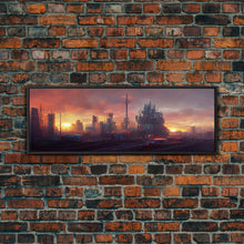 Load image into Gallery viewer, Cyberpunk City, Night City Watercolor, Ready To Hang Canvas Print, Panoramic, Videogame Concept Art, Watercolor Painting Of a Cyberpunk City
