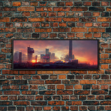 Load image into Gallery viewer, Cyberpunk Cityscape, Metropolis Art, Ready To Hang Canvas Print, Panoramic, Night City Watercolor Concept Art
